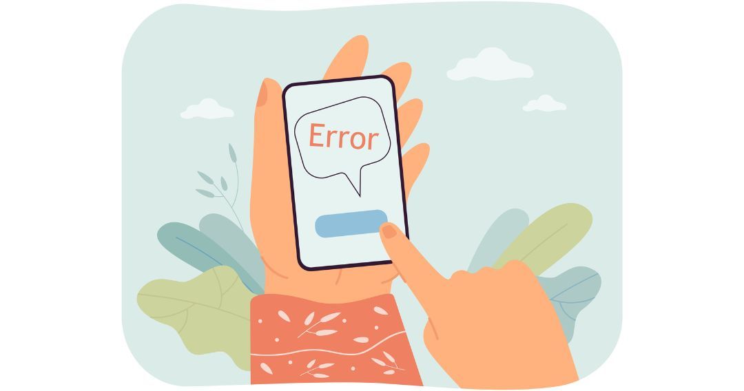 cartoon graphics of a hand holding a phone with an error message