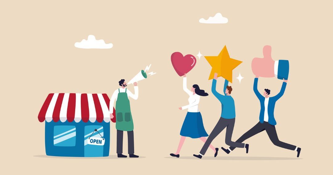 Store owner with megaphone tell loyalty customers with brand positive feedback
