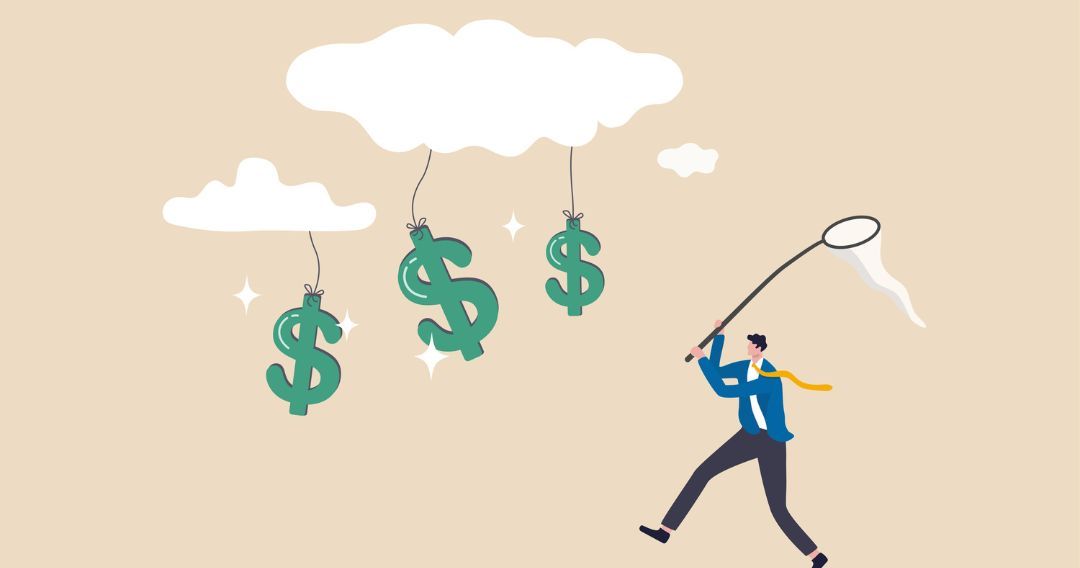businessman catching dollar money sign falling from cloud