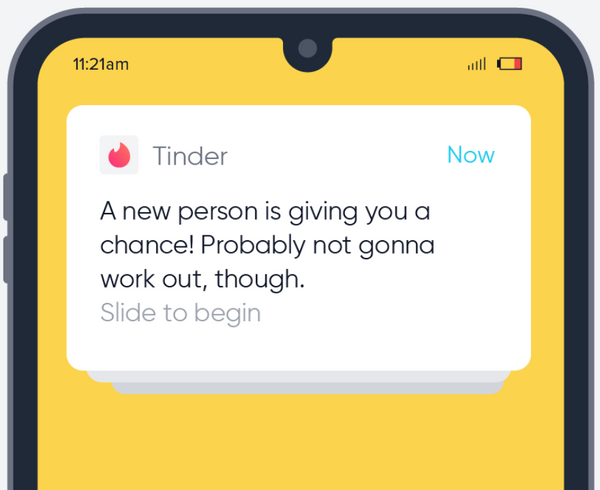 phone screen showing a notification from Tinder